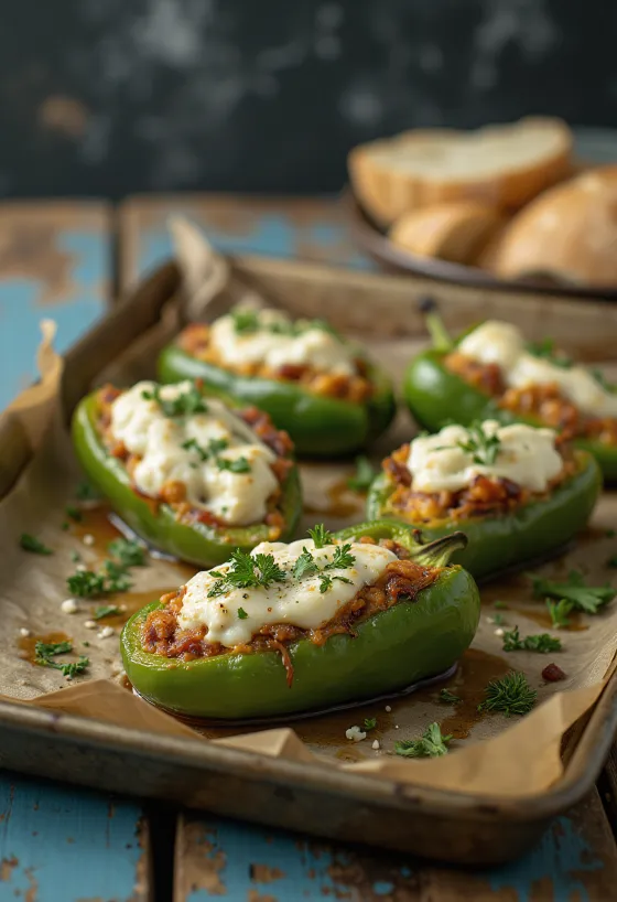 Paprika med fetaost servert, pyntet med frisk persille
