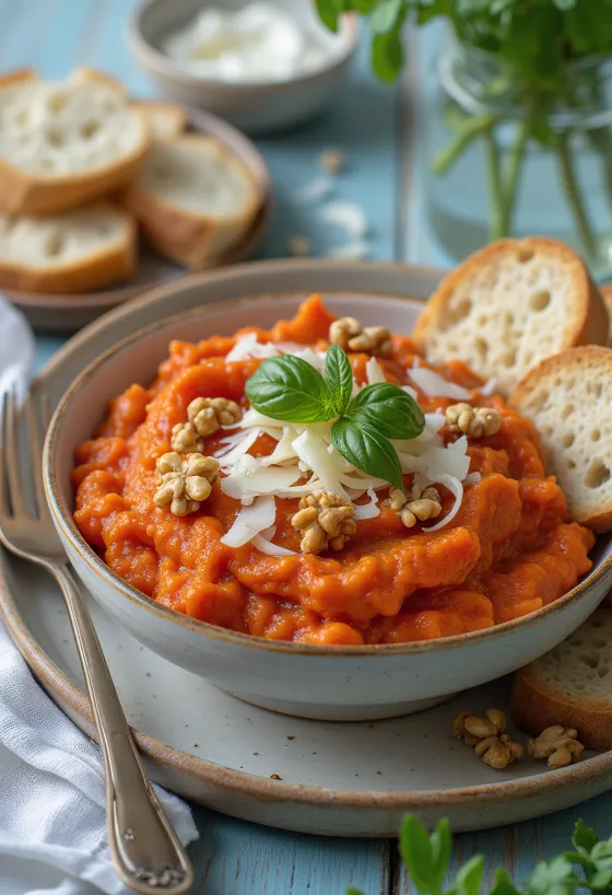 Pesto med bakt paprika og røkt ost, servert