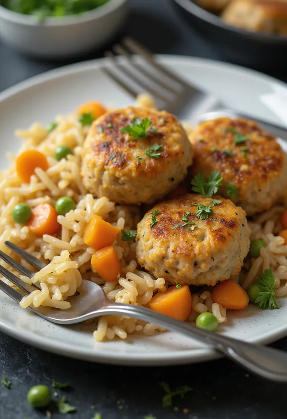 Kalkunkjøttkaker med grønnsaksris servert