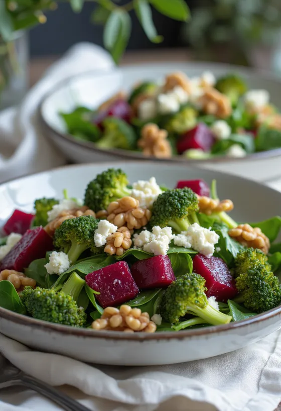 Salat med rødbeter og brokkoli med nøttedressing