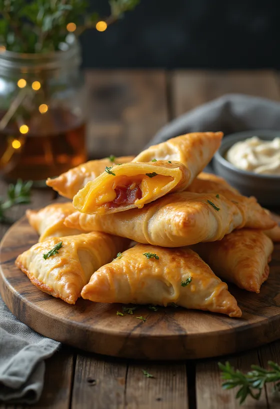 Samosa med cheddar og bacon servert