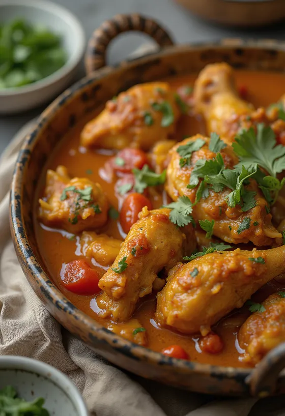 Kylling Balti curry servert med naanbrød og basmatiris.