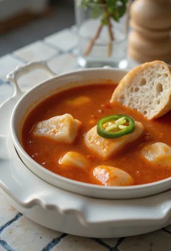 Fiskesuppe av fersk karpe, servert med rød paprikasaus og sterk paprika