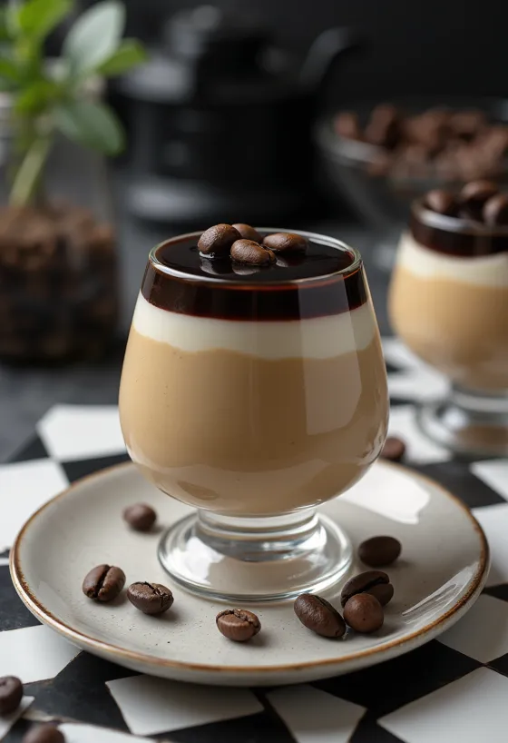 Kaffepanna cotta pyntet med kakaopulver og krem