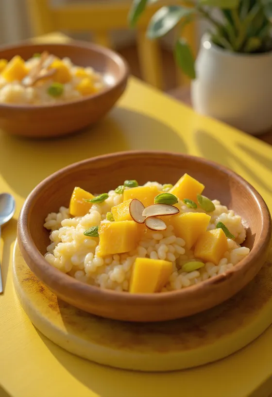 Phirni med frukt, pyntet med frisk mango