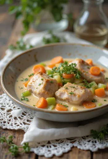 Kaninfrikassé servert med kremet saus og pyntet med frisk persille