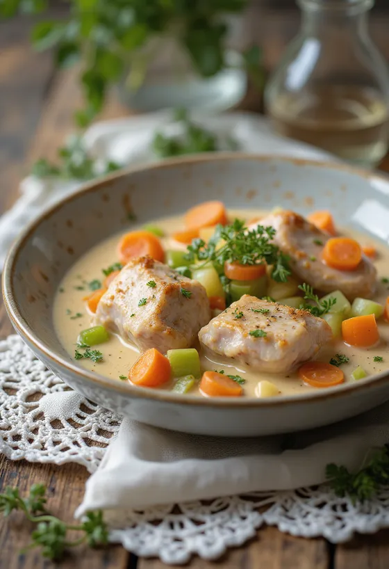 Kaninfrikassé servert med kremet saus og pyntet med frisk persille