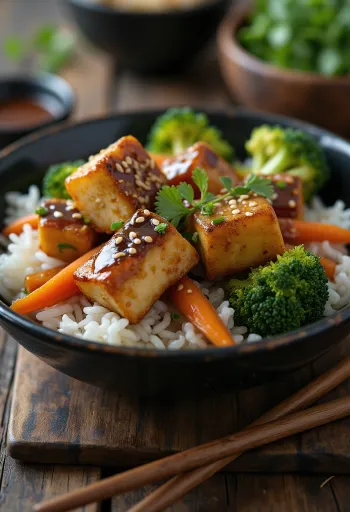 Sesamtofu med grønnsaker, servert med ristet sesam og friske grønnsaker.