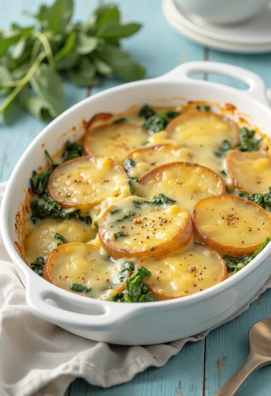 Gratinert form med poteter og kremet spinatfyll