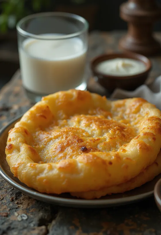 Nystekt bhature servert med melk