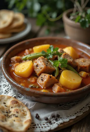 Caldillo med poteter servert, rik kjøttsuppe med grønnsaker og ferske krydder