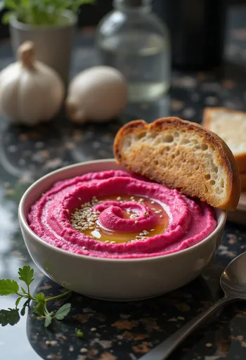 Rødbetehummus servert med ristet brød