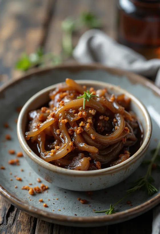 Karamellisert løksaus med chili i en skål, pyntet med frisk chili.