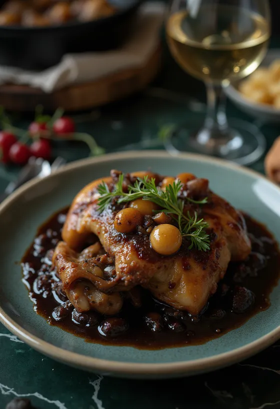 Coq au Vin servert med fersk persille og brød