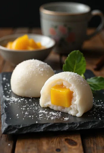 Mochi med mango, kremet fyll, friske mangobiter inni