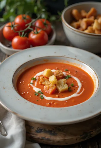 Kremet tomatsuppe med friske basilikumblad
