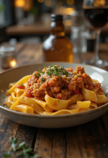 Kaninragu servert med pappardelle-pasta og pyntet med frisk rosmarin
