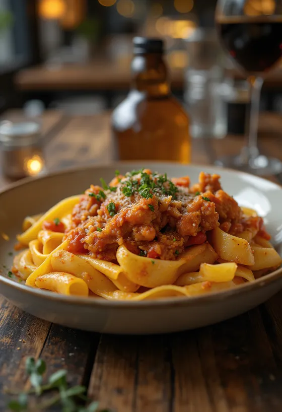 Kaninragu servert med pappardelle-pasta og pyntet med frisk rosmarin