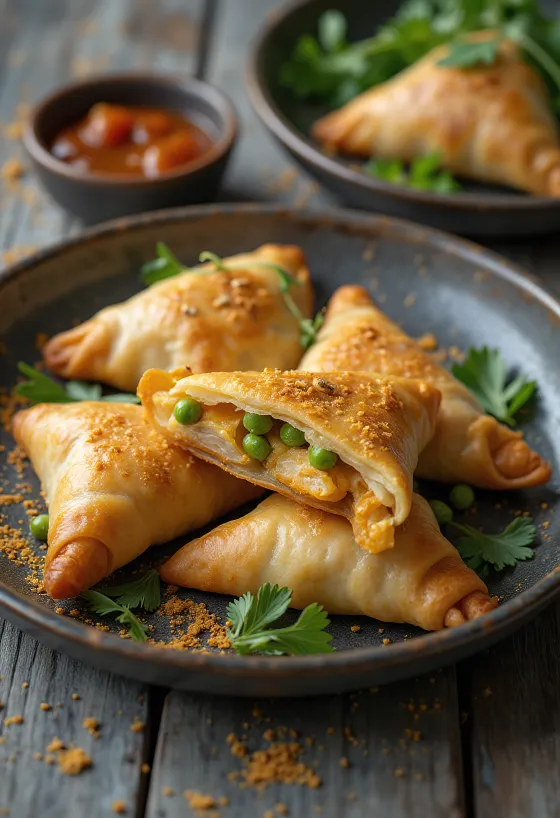 Samosa med kyllingfyll, servert med fersk koriander