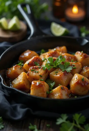 Sosatie med brunt sukker, rett med kyllingmarinade og koriander