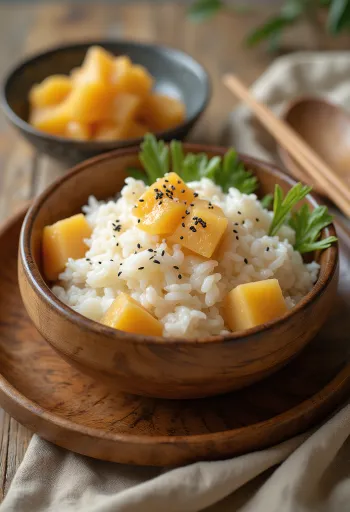 Takikomi gohan med søtpotet, pyntet med fersk tang