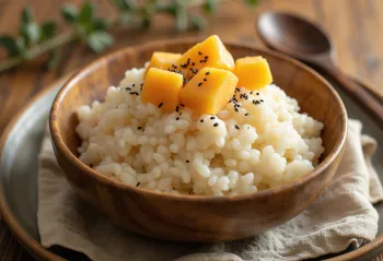 Takikomi gohan med søtpotet, pyntet med fersk tang