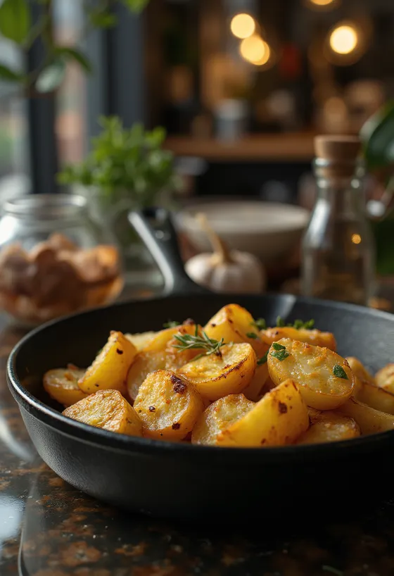 Gyllenbrune, sprø ovnsbakte poteter med ferske urter.