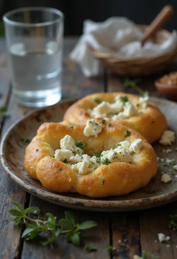 Tiganopsomo med feta og persille, servert med ferskt brød og sprø fetaost.