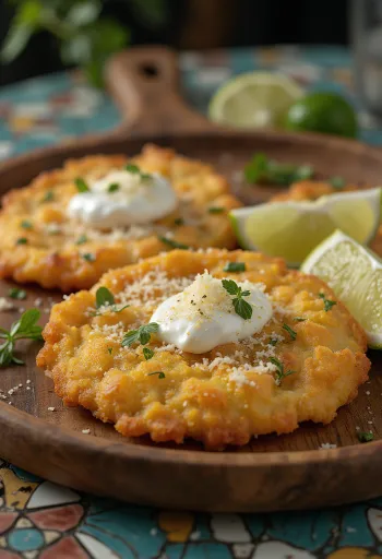 Tostón med hvitløkssaus, stekt kokebanan, hvitløksrømmesaus, frisk persille.