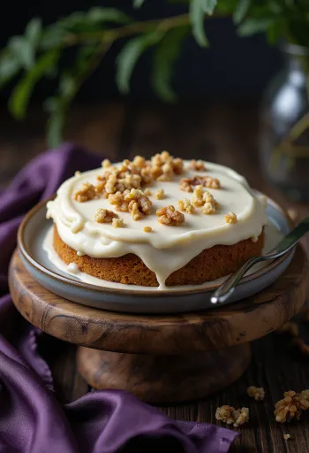 Vegansk gulrotkake servert med cashewnøttkrem