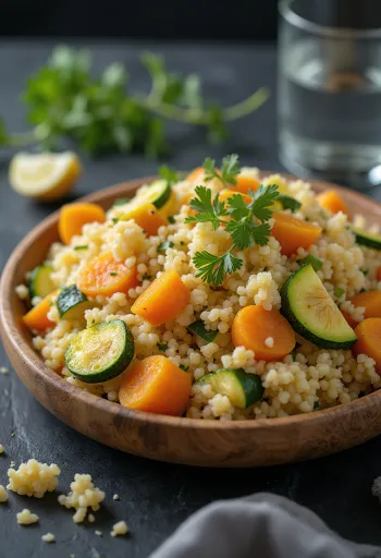 Klassisk couscous servert med grønnsaker, frisk koriander og olivenolje