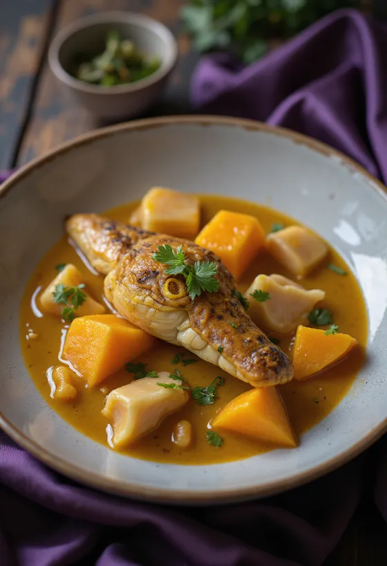 Krokodille- og gresskarcurry servert i en skål med frisk koriander.