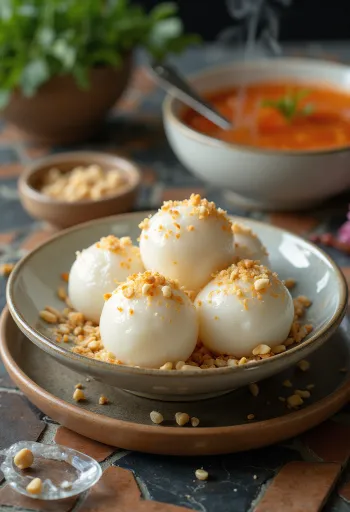Tangyuan med koriander nyserveret, med kokosmasse og sesamfrø