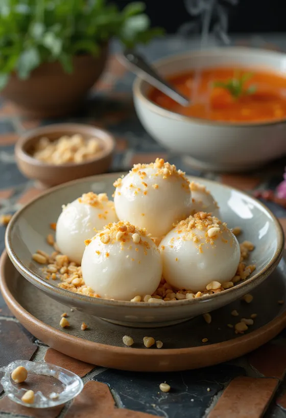 Tangyuan med koriander nyserveret, med kokosmasse og sesamfrø