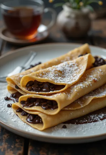 Tynne pannekaker fylt med mørk sjokoladekrem