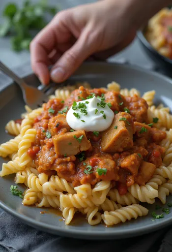 Kjøttgryte med pasta servert med rømme