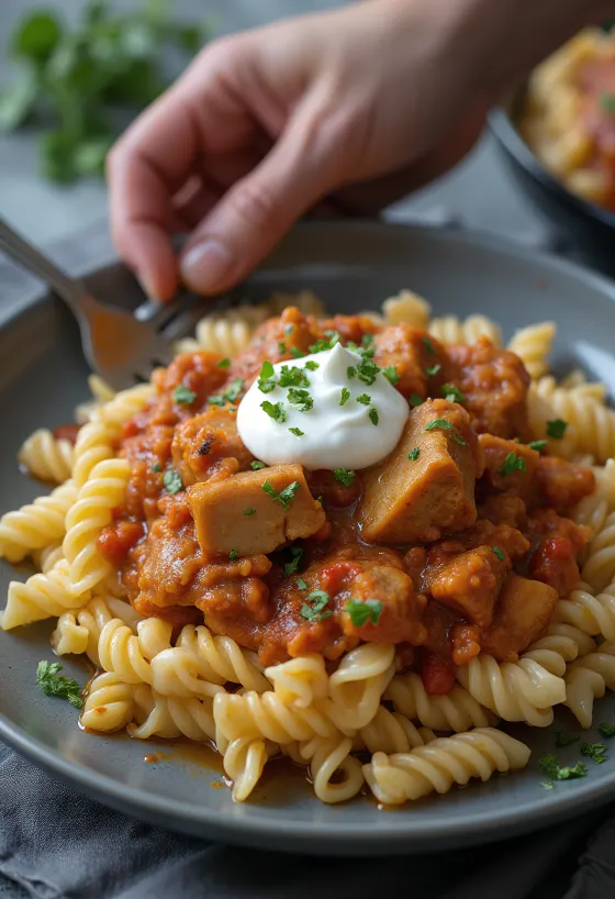 Kjøttgryte med pasta servert med rømme