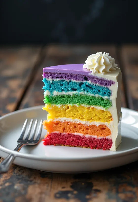 Regnbuekake med hvit fondant og fargerike lag inni