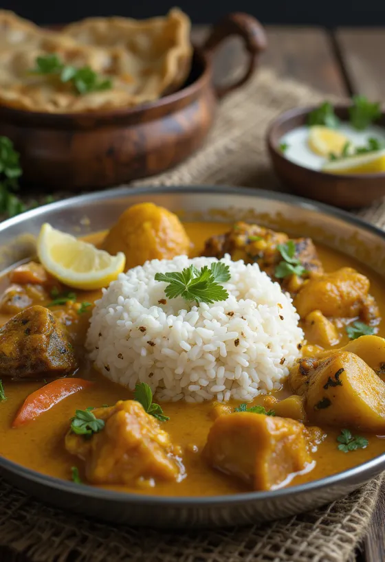 Thali i Assam-stil med ris, krydrede grønnsaker og frisk salat
