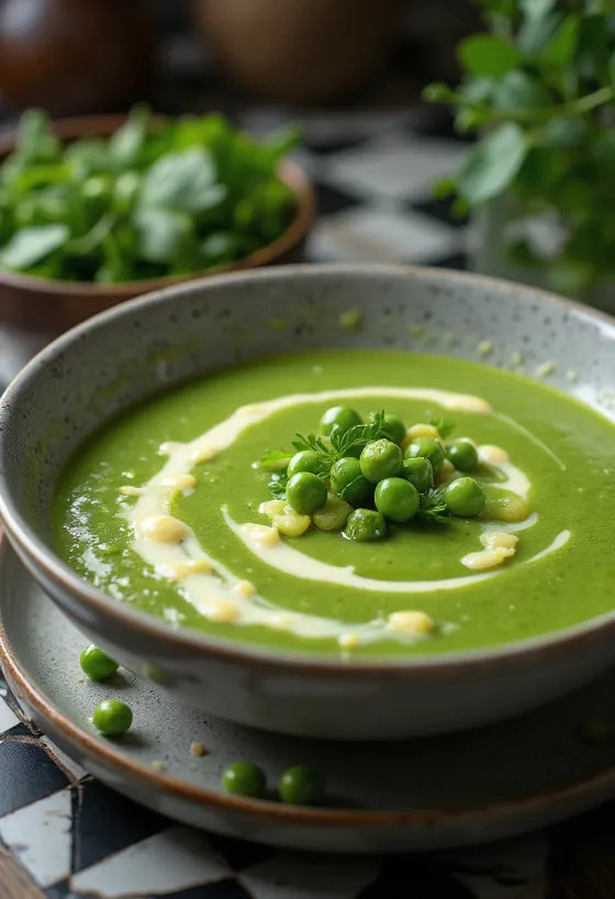 Kremet grønn ertersuppe servert i skål