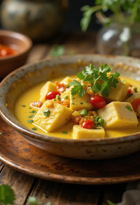 Crocodile curry servert i en bolle med sjasminris ved siden av