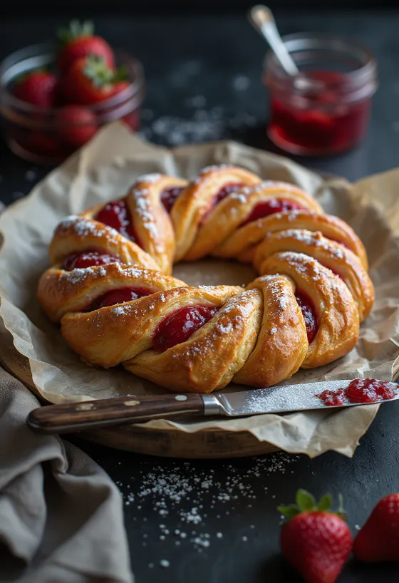 Kringle med jordbærsyltetøy, nyserveret, med sprø deig