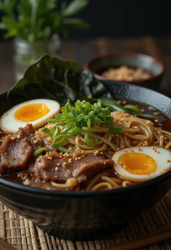 Biff ramen servert med ferske ingredienser