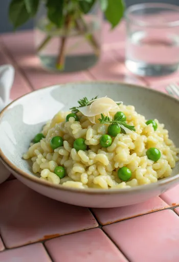 Kremet risotto med grønne erter og parmesan, servert på hvit tallerken