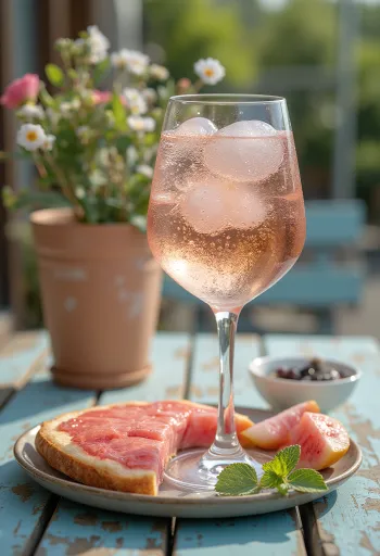 Rosé-spritzer servert med sitronskive og is