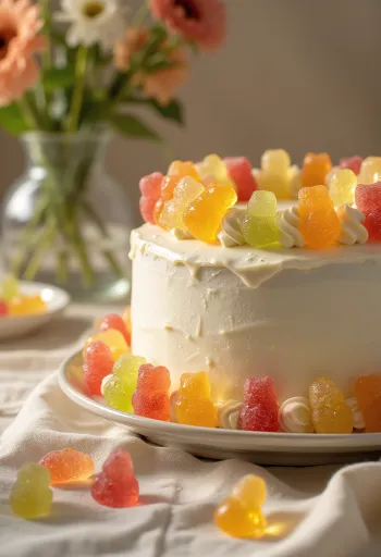 Fargerik godterikake med hvit fondant og pynt av gummibjørner