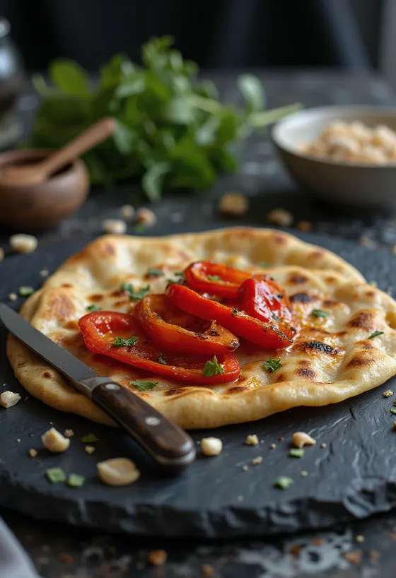 Chapati med stekt paprika, nystekt, servert