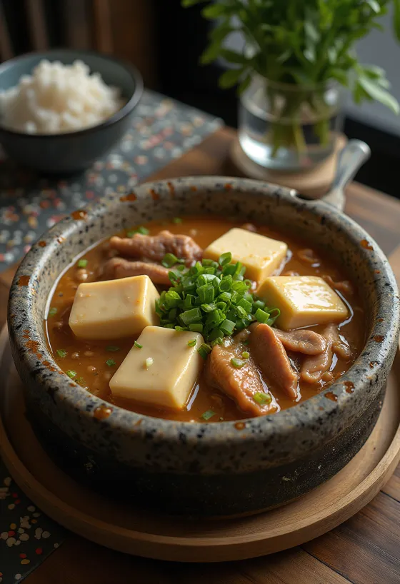 Cheonggukjang jjigae, med koreansk fermentert soyabønnepasta, tofu og storfekjøtt
