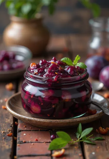 Sterk plomme-chutney på glass og servert.