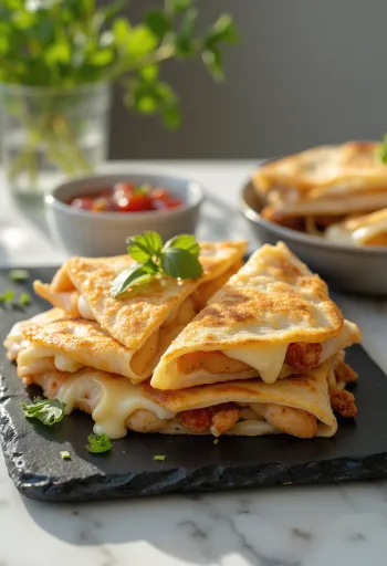 Kylling-quesadilla stekt gyllenbrun, servert med smeltet ost og friske urter